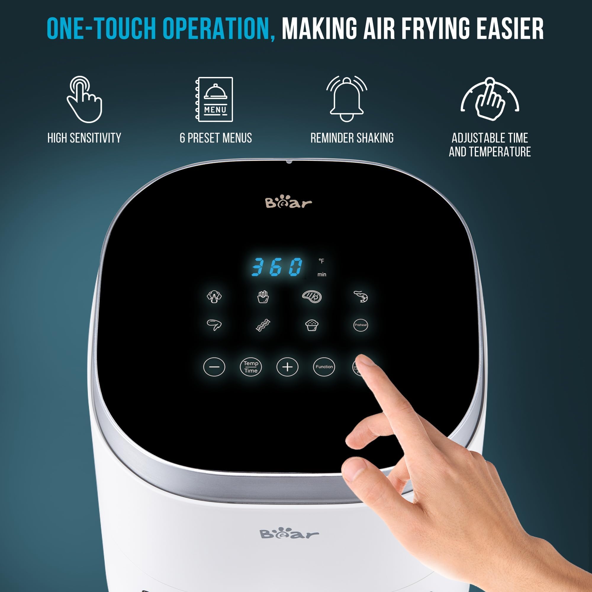 Bear Air Fryer for Home with Toaster Grill 5L 1500W with Transparent Cooking Window 90% Less Fat Cooker with 8 Presets Menus for India Cooking, Touch Control Temp & Timer with Nonstick Tray Bear Air Fryer for Home with Toaster Grill 5L 1500W with Transparent Cooking Window 90% Less Fat Cooker with 8 Presets Menus for India Cooking, Touch Control Temp & Timer with Nonstick Tray